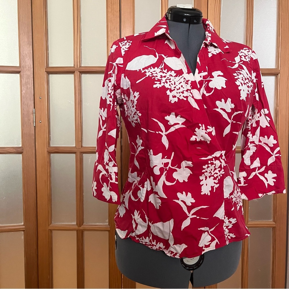 Talbots Floral Red and White Wrap Blouse